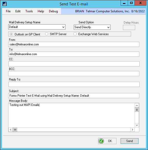 Dynamics GP Forms Printer Send Test E-mail window