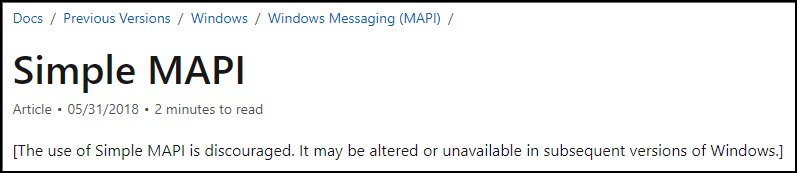 Clip of Microsoft article concerning Simple MAPI