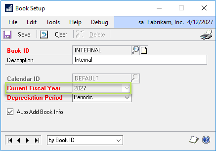 Dynamics GP Fixed Assets Book Setup Window