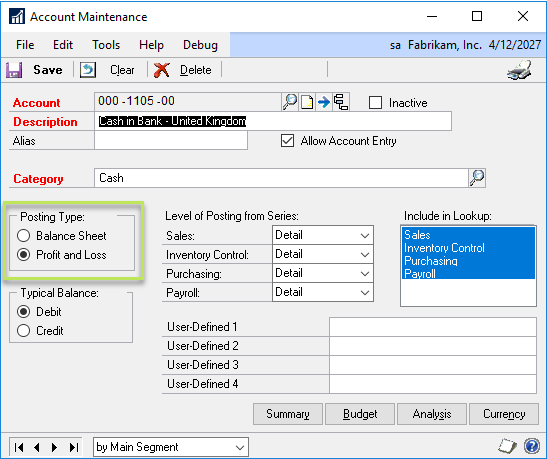 Dynamics GP GL Account Maintenance window