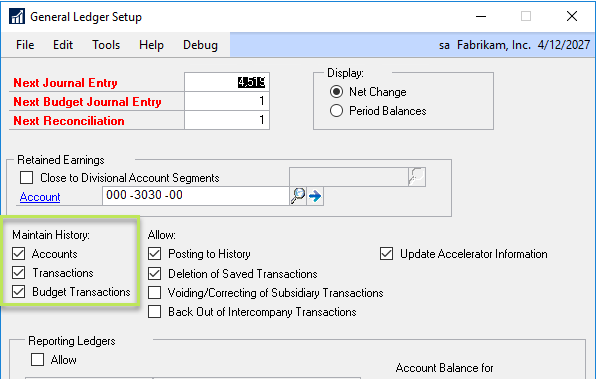 Dynamics GP General Ledger Setup window