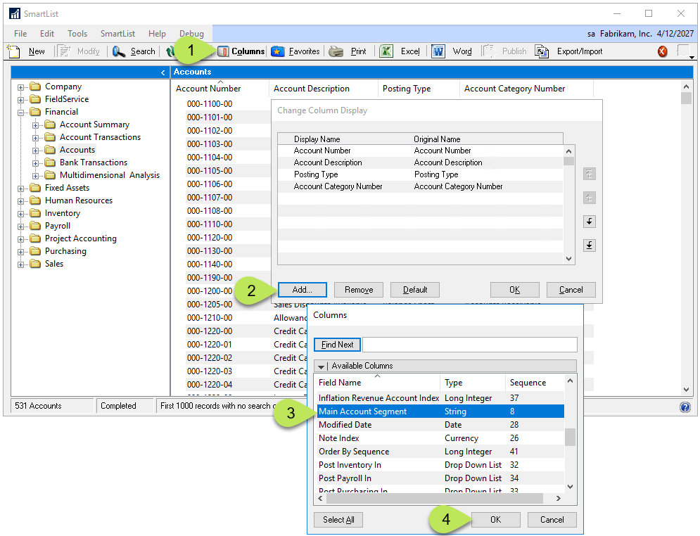 Add Main Account Segment column to SmartList Accounts