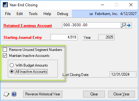 Dynamics GP Year-End Closing Routine window