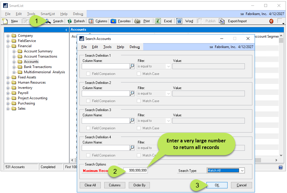 SmartList Search Window Adjust Limit