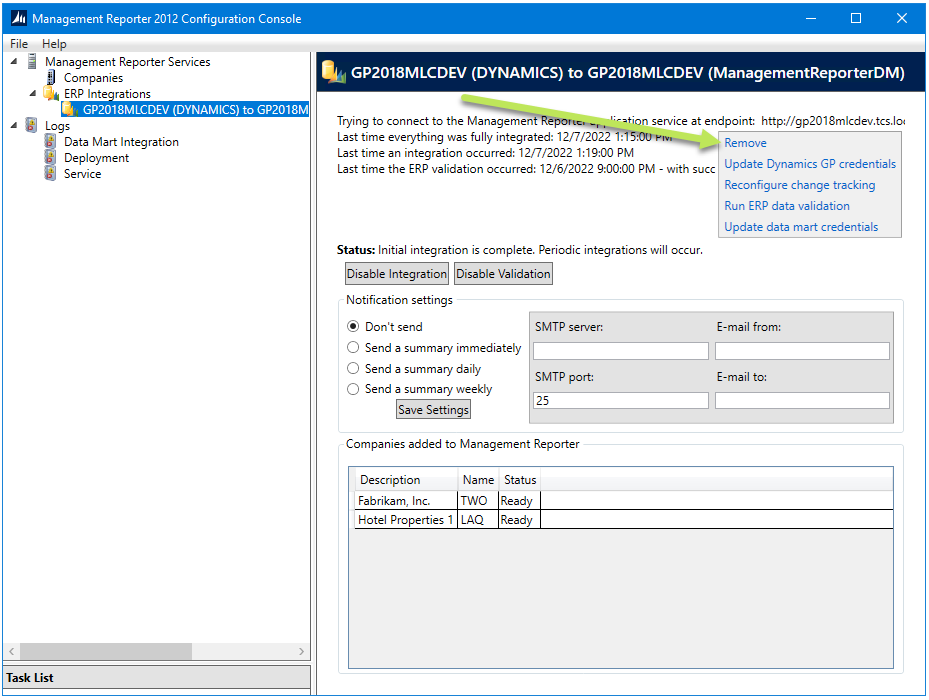 How to Remove the Existing ERP Integration in Management Reporter