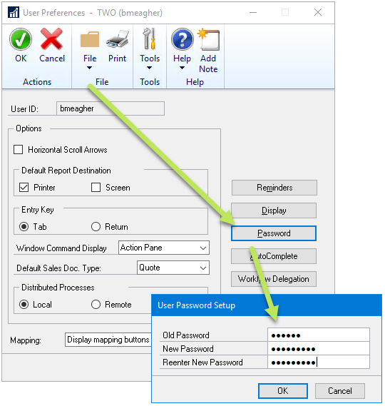 Dynamics GP Change My Password Screen