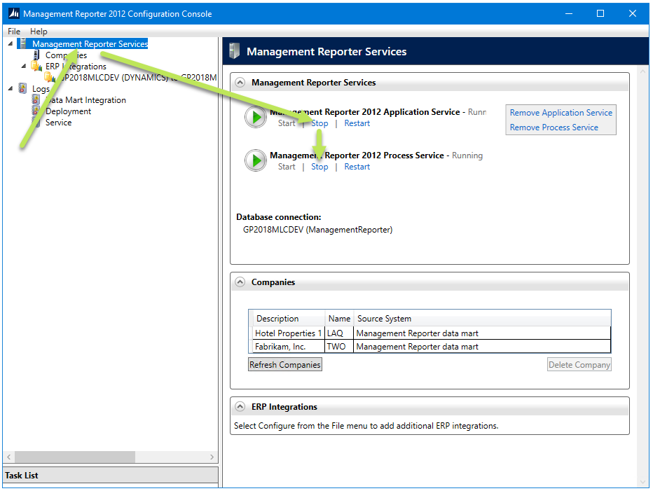 How to stop the Management Reporter Services using the Configuration Console.