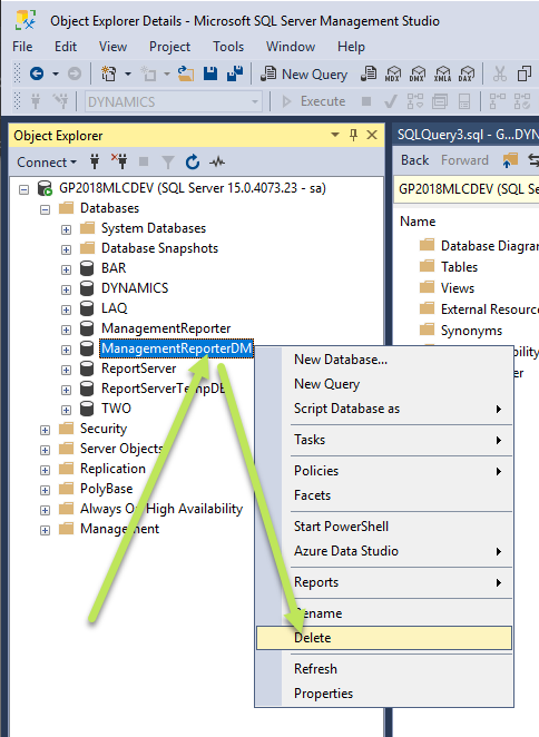 Step 1 for deleting the ManagementReporterDM database