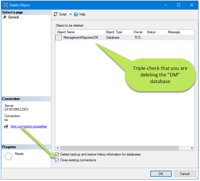 Step 2 for deleting the ManagementReporterDM database