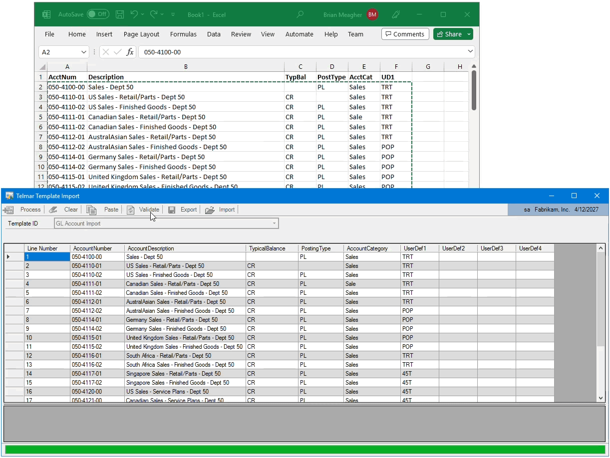 A user creating GL Accounts and editing errors with ease
